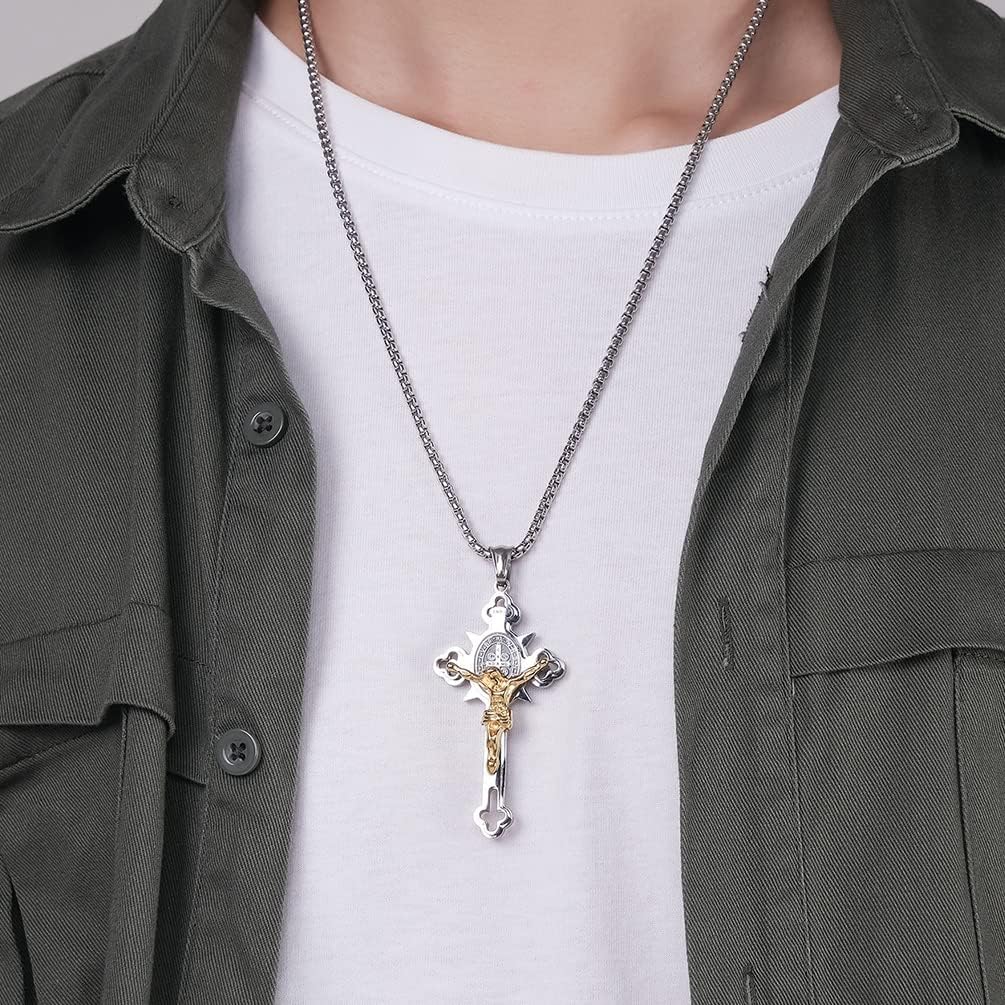 Stainless Steel Saint St. Benedict Crucifix Cross Pendants Necklace INRI Religion Jewelry with Chain - Image 3