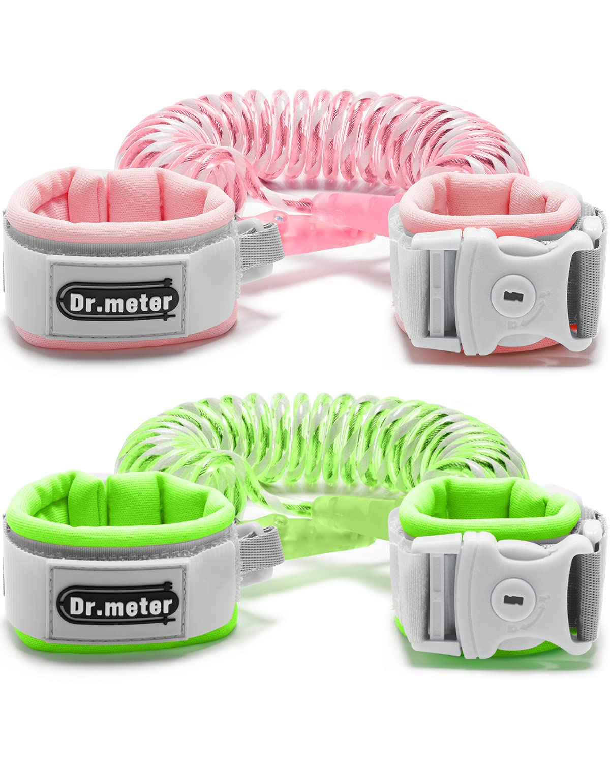 Dr.meter Anti Lost Wrist Link, 2 Pack Toddler Safety Leash with Key Lock, Reflective Child Walking Harness - Dual 8.2ft Length Pink & Green Kids Leash