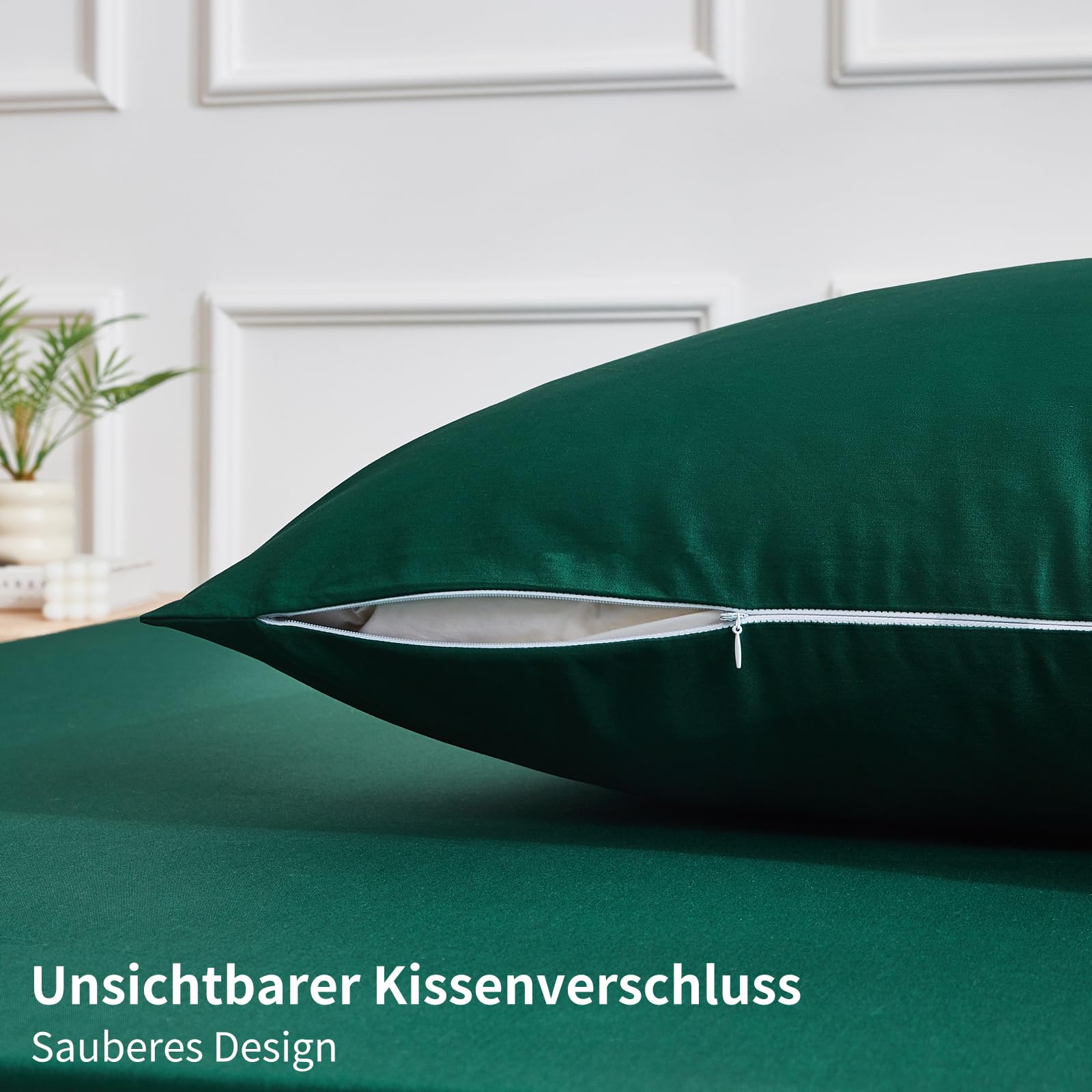 Ropa de cama de 135 x 200 cm, 4 piezas, color verde oscuro, 100 % algodón peinado, refrescante, liso, brillante, suave, transpirable, juego de funda nórdica con cremallera y 2 fundas de
