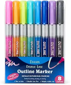 Kit 8 Canetas Metálicas Outline Marker para Lettering, Arte e Cartões