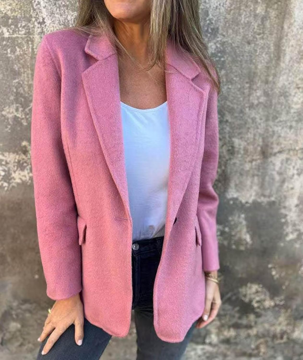 Sexyshine Women's Notch Lapel Single Button Wool Blend Blazer Casual Open Front Business Work Jacket Pea Coat