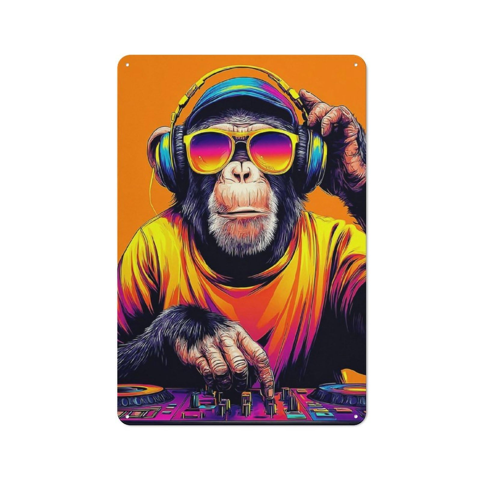 Junmoney Chimp Dj In Neon Lights Rustic Metal Wall Decor 30X20cm, Decorative Tin Sign For Farmhouse Kitchen, Pantry Or Dining Area