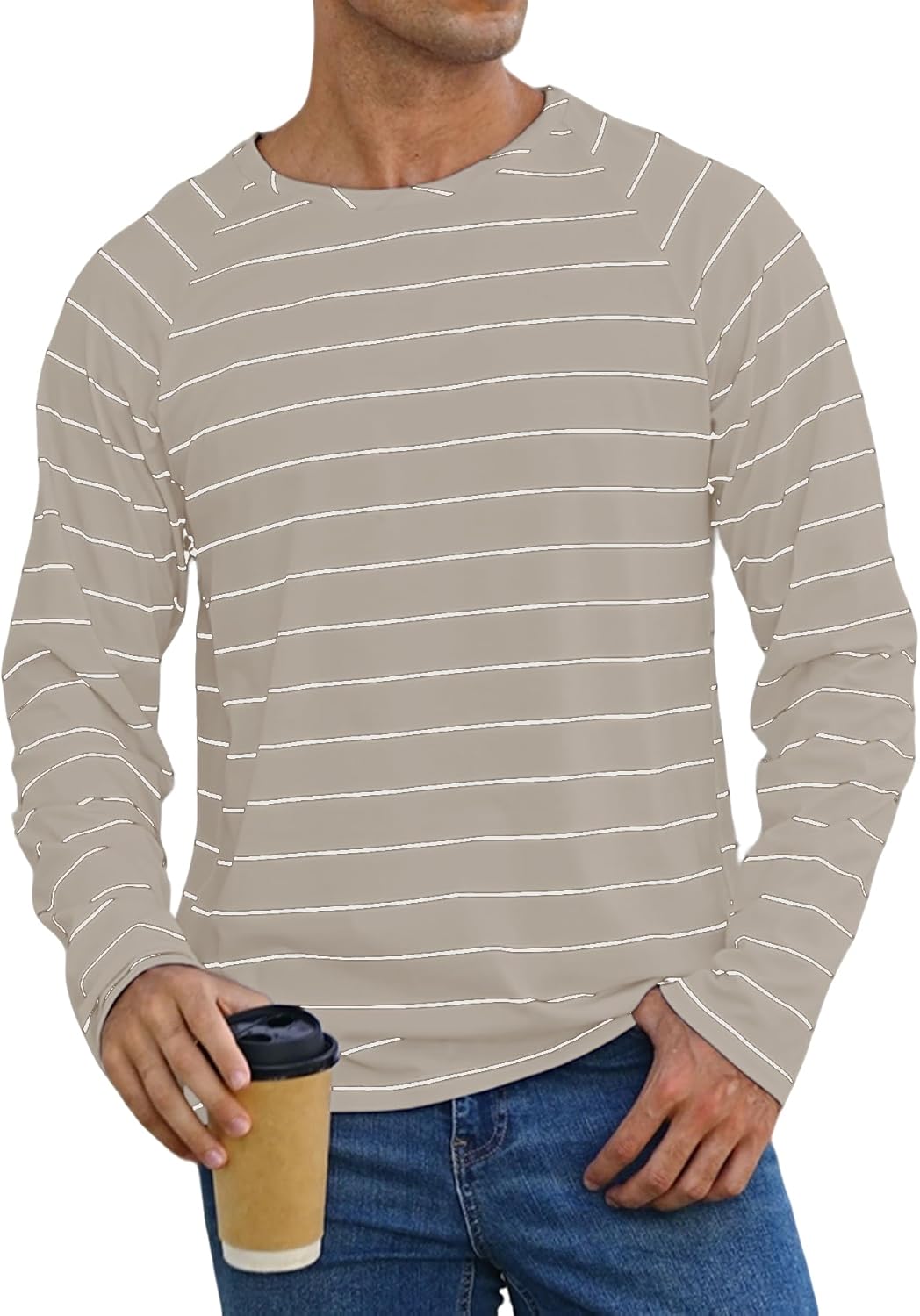 PRETTODAY Men's Striped T Shirts Raglan Long Sleeve Crew Neck Tee Casual Basic Blouse Tops