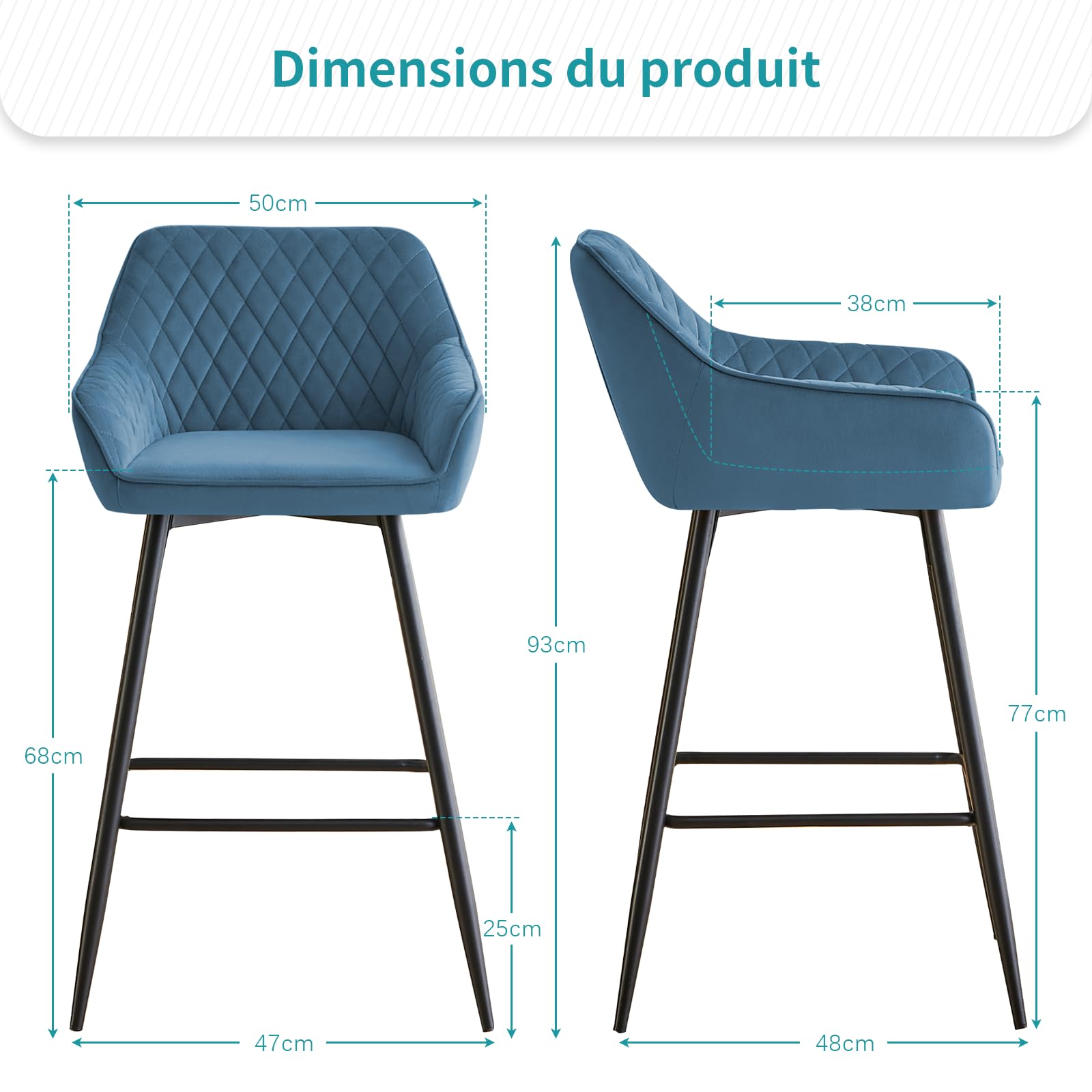 Lot 4 Tabourets de Bar Bleu-Vert, Chaises de Salon, Chaises de Bar, Siège en Velours avec Dossier, Accoudoir et Repose-Pieds Métallique pour Bistrots,Bar,Bureau (4, Bleu-Vert)