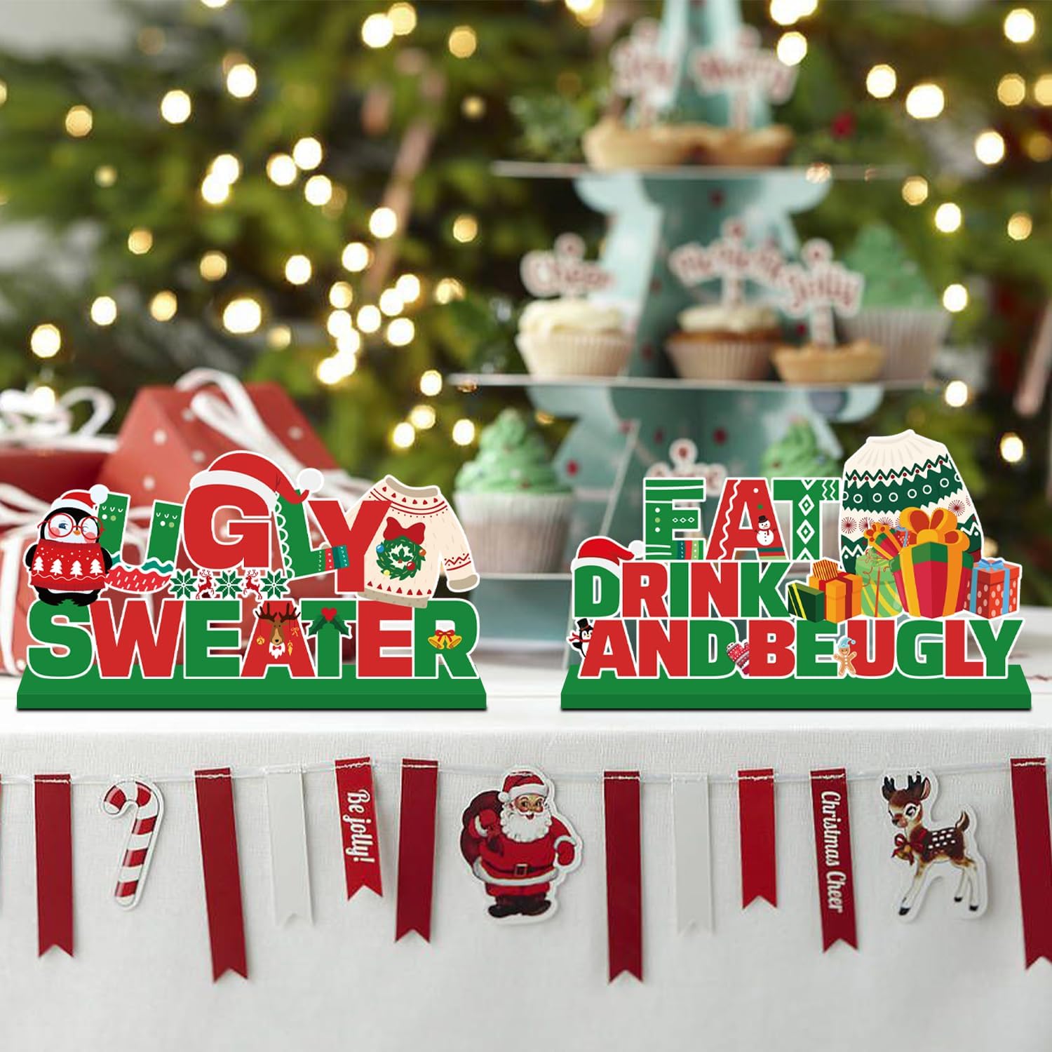 4Pcs Ugly Sweater Christmas Party Decorations Wooden Table Centerpiece Ugly Sweater Party Table Decorations Lets Get Ugly Tabletop Tiered Tray Decor for Holiday Xmas Party Supplies