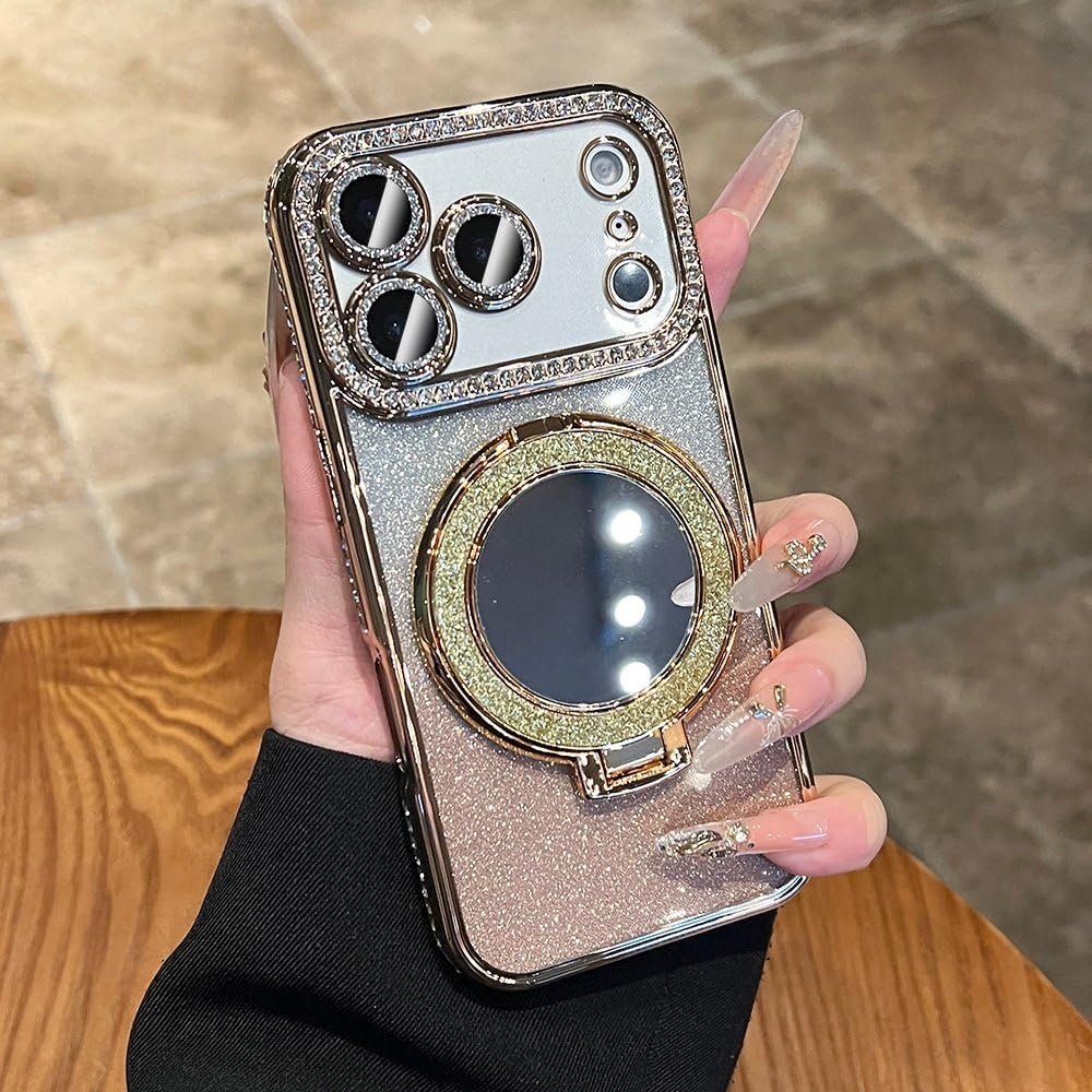 Coque effet diamant or avec support magnétique pour iPhone 17 Pro Max