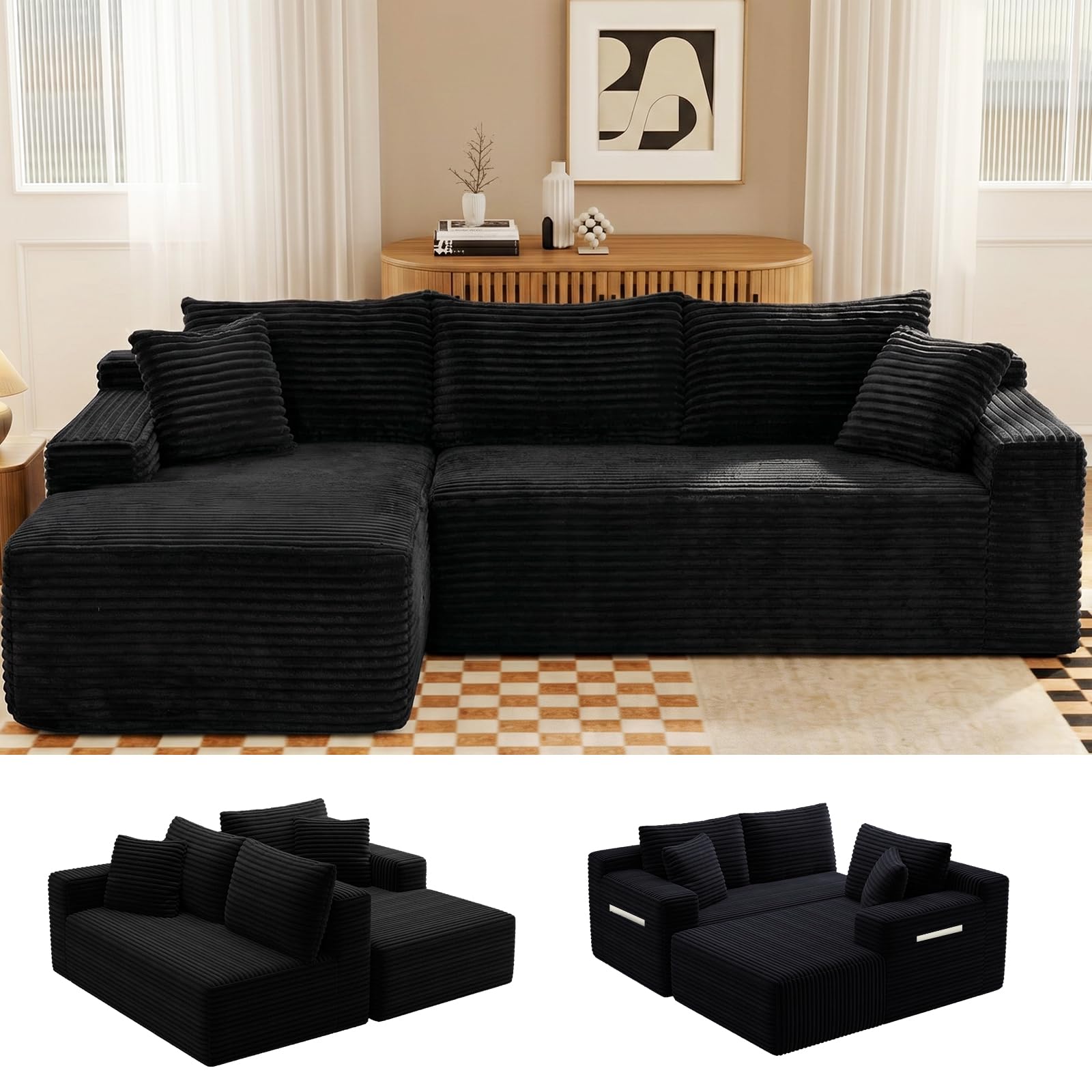 106.3" L-Shaped Cloud Sectional Couch for Living Room, Modern Minimalist Upholstered Boneless Sofa,Corduroy Fabric Modular Sectional Sofa with Chaise,