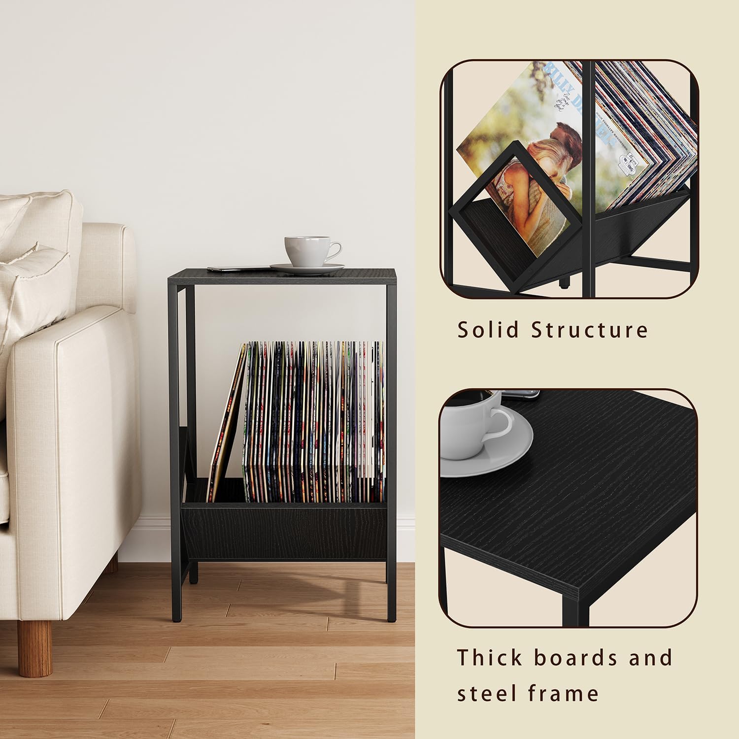 2 Tier End Table, Side Table, Record Player Stand with Storage Up to 100 Albums, Vinyl Record Storage, Turntable Stand for Vinyl, for Living Room Bedroom Black