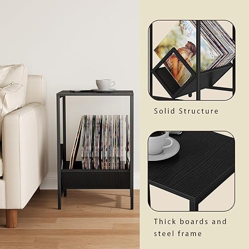 Miniatura 5 de Mesa auxiliar de 2 niveles, mesa auxiliar, soporte para tocadiscos con almacenamiento de hasta 100 álbumes, almacenamiento de discos de vinilo,