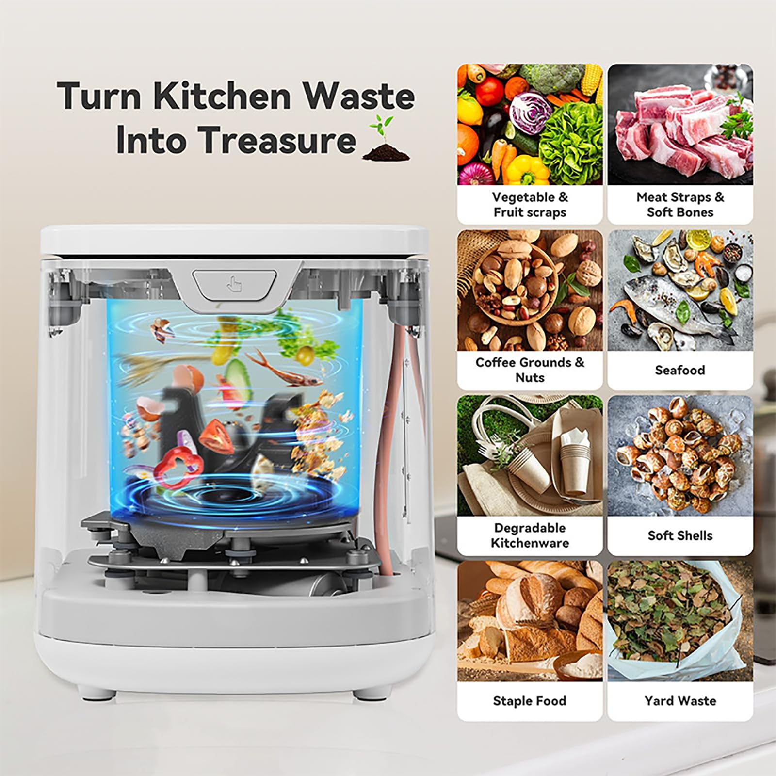 Compostador Eléctrico 4L, Contenedor Compostaje para Residuos Alimentos con Función Autolimpieza, Equipado con 2filtros Carbón Activado, Inodoro, Descomposición Rápida 2-6 Horas