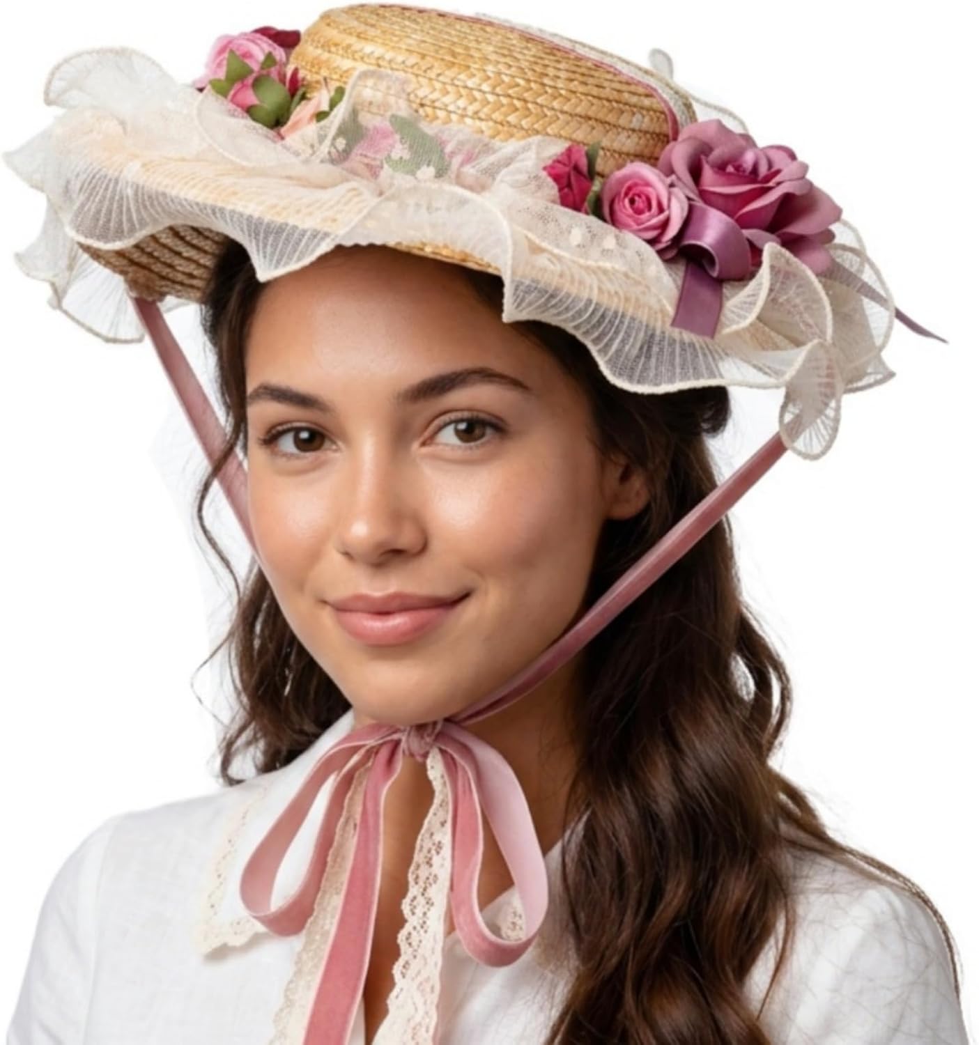 Girls Women Tea Party Sun Hat, Victorian Flat Bonnet Cap | Lolita Lace Flower Bow Summer Sun Protection Breathable Lightweight Straw Hat Holiday