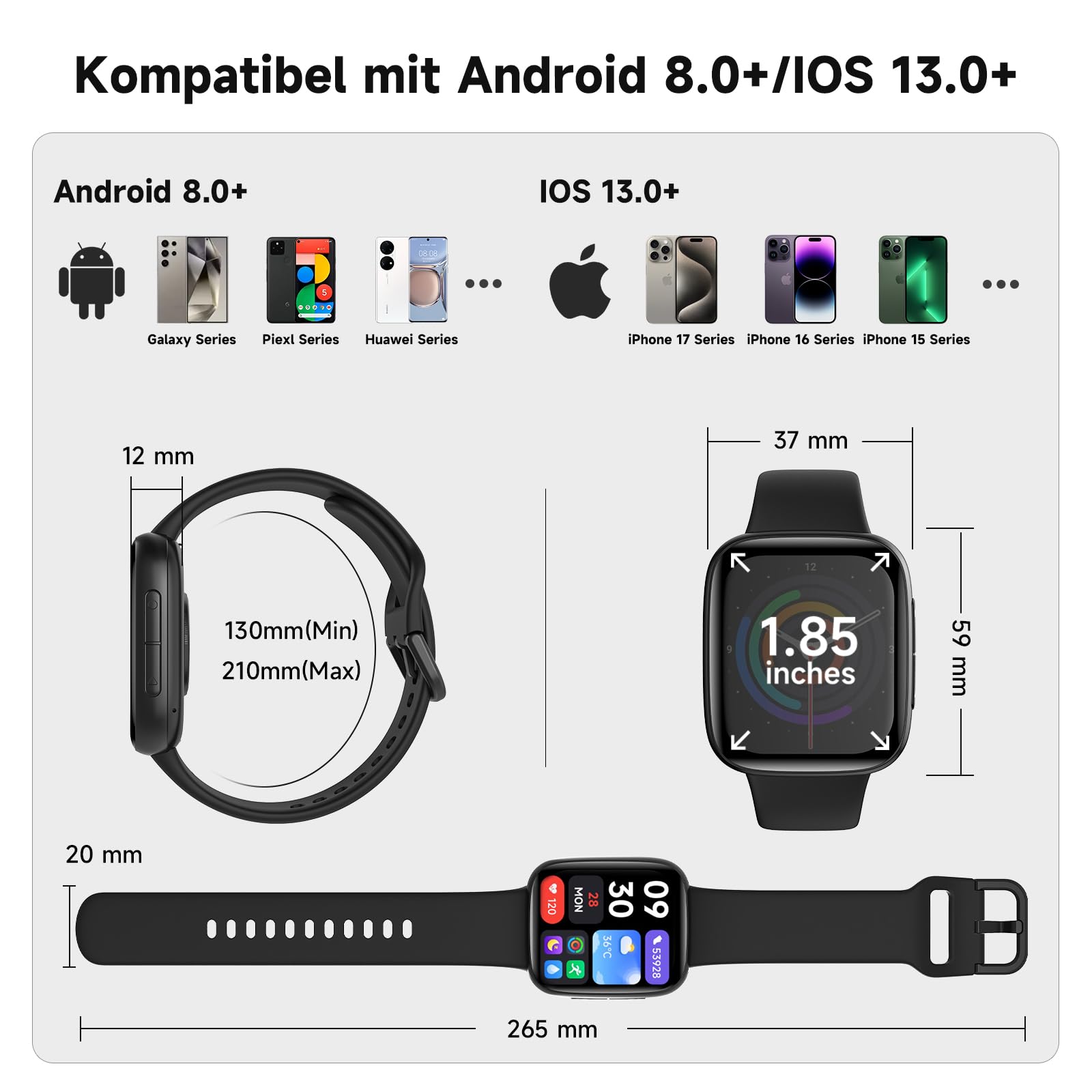 Smartwatch Damen, AMOLED 1,85" Smart Watch für iPhone/Samsung/Android(Telefonfunktion), Fitness Tracker mit integriertem Alexa, 110 Sportmodi, IP68 Wasserdicht, Pulsmesser Schlafmonitor, Schrittzähler