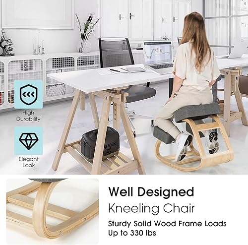 Miniatura 4 de Giantex Silla arrodillada, silla de postura de madera, carga máxima de 330 libras, mecedora con cojín suave, alivio natural para dolor de espalda,