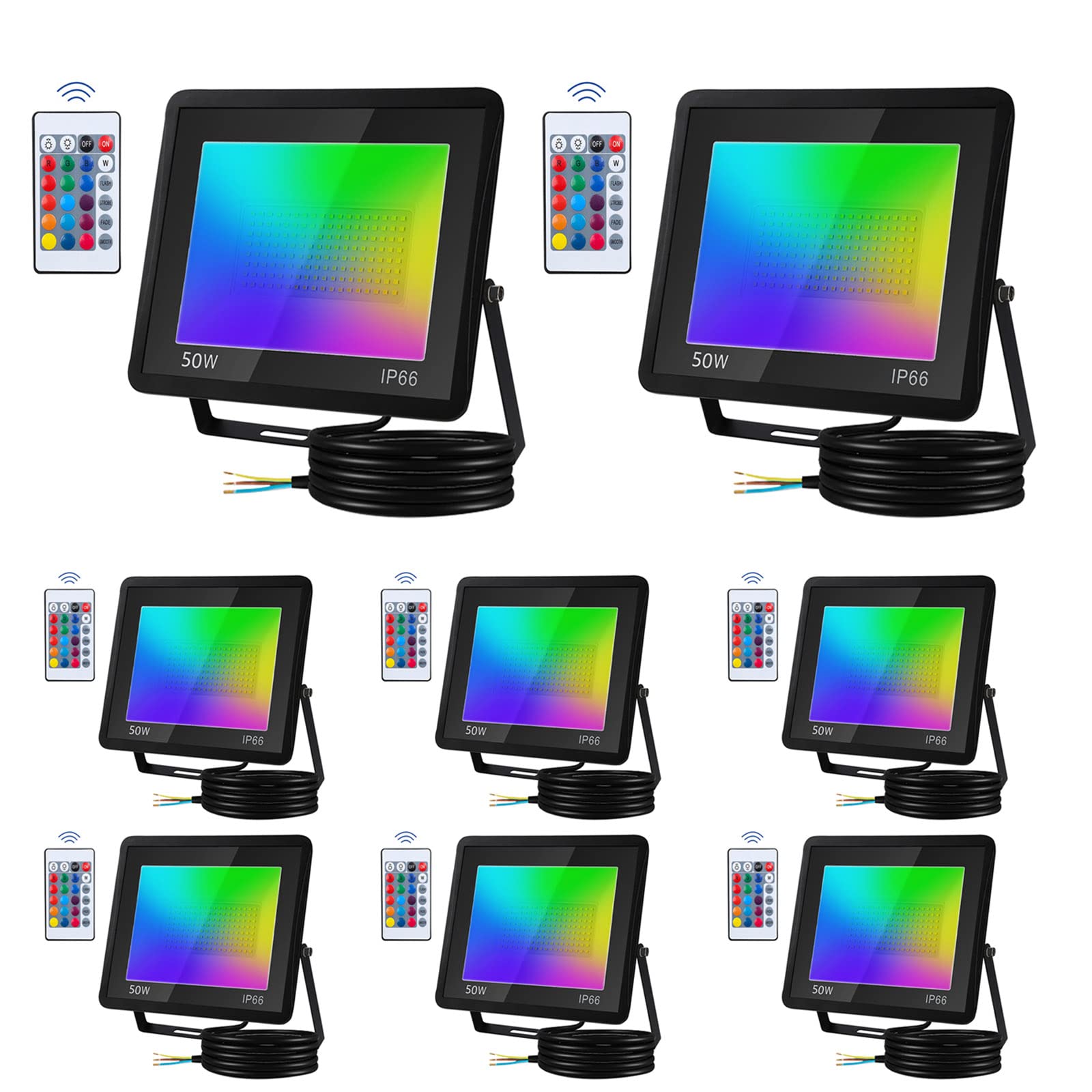 RGB Spot LED de Couleur, 50W Projecteur LED RGB Exterieur avec Télécommande, Projecteur LED Couleur Exterieur Interieur16 Couleurs 4 Modes, Fonction Mémoir (8 Pack, Pas de prise)