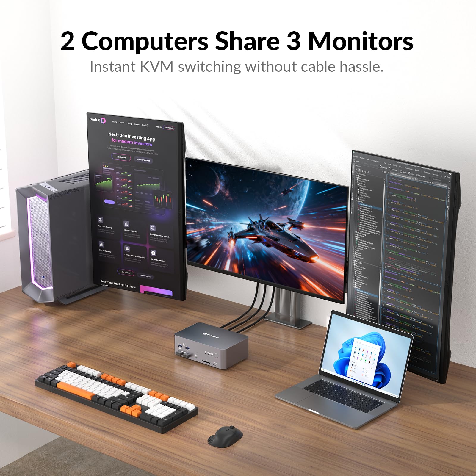 AV Access 8K KVM Switch 3 Monitors 2 Computers, Laptop + Desktop KVM Docking Station, 100W PD, GbE, 2xUSB 3.2 10Gbps USB C Hub, SD Reader & Remote Switcher for HP, Dell, Chromebook, PC, and More