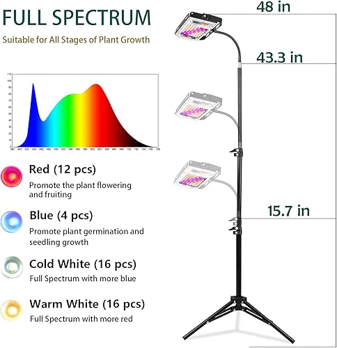 Miniatura 3 de LORDEM Luz de cultivo de plantas con soporte, lámpara de plantas de espectro completo de 150 W para plantas de interior, lámpara LED de pie con