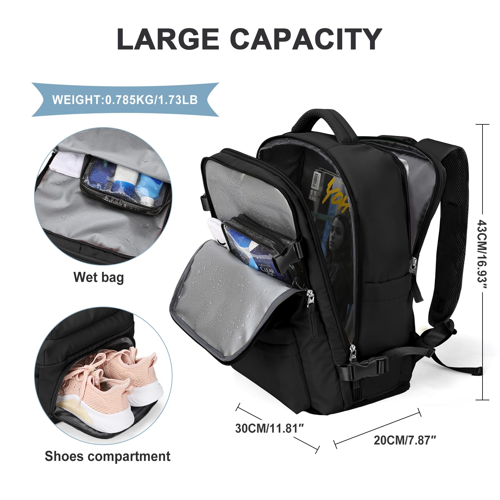 Cabin Bags for Travel, Underseat Carry-ons Bag for Women, Hand Luggage Bag Men Travel Backpack Cabin Size Fit 14 inch Laptop backpack Lightweight Version Black — view 3