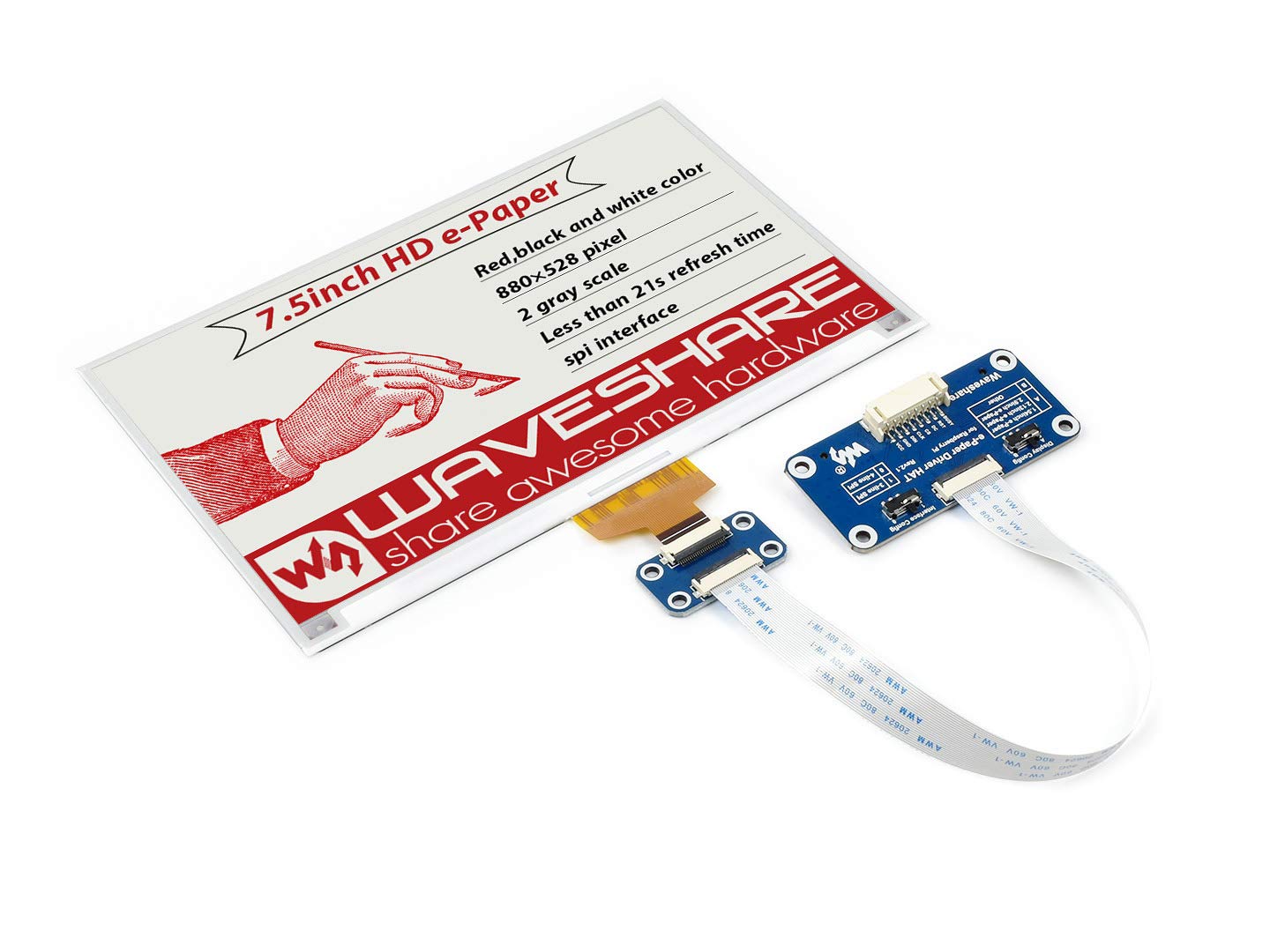 TOP1 7.5inch HD E-Ink Display HAT for Raspberry Pi Jetson Nano Red/Black/White 880×528 Pixels SPI 3.3V/5V
