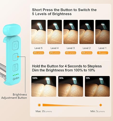 Miniatura 2 de Gritin Luz de lectura, luz recargable para leer en la cama, cuidado de los ojos, 3 temperaturas de color, brillo regulable de 5 niveles, larga