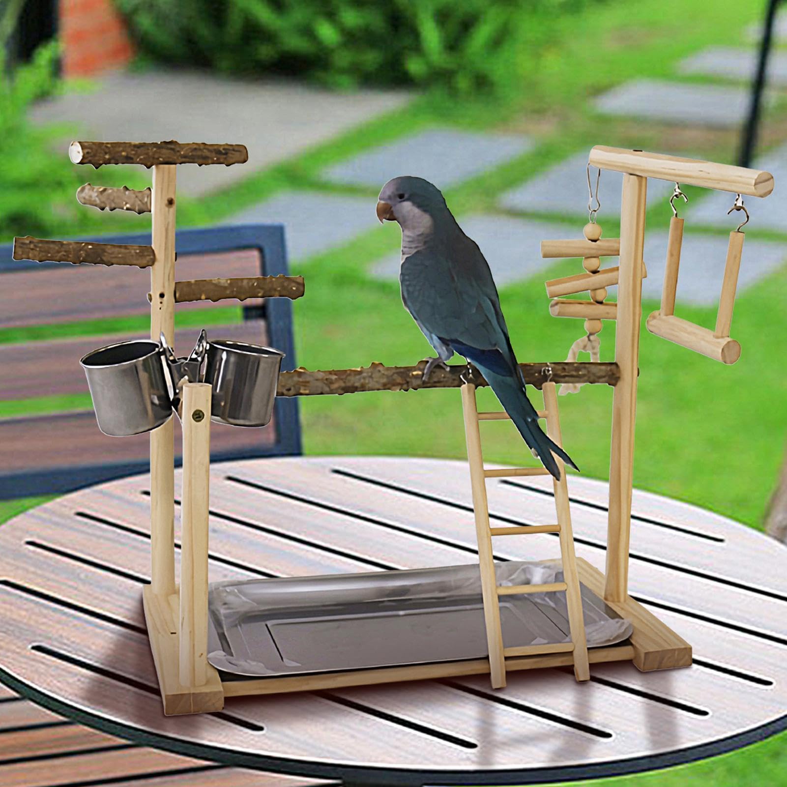 Parque de Juegos para pájaros, Loros, Soporte de Madera para pájaros, Parque de Juegos para periquitos, con Taza de alimentación y Bandeja, Juguetes para pájaros, Juguete de Ejercicio para