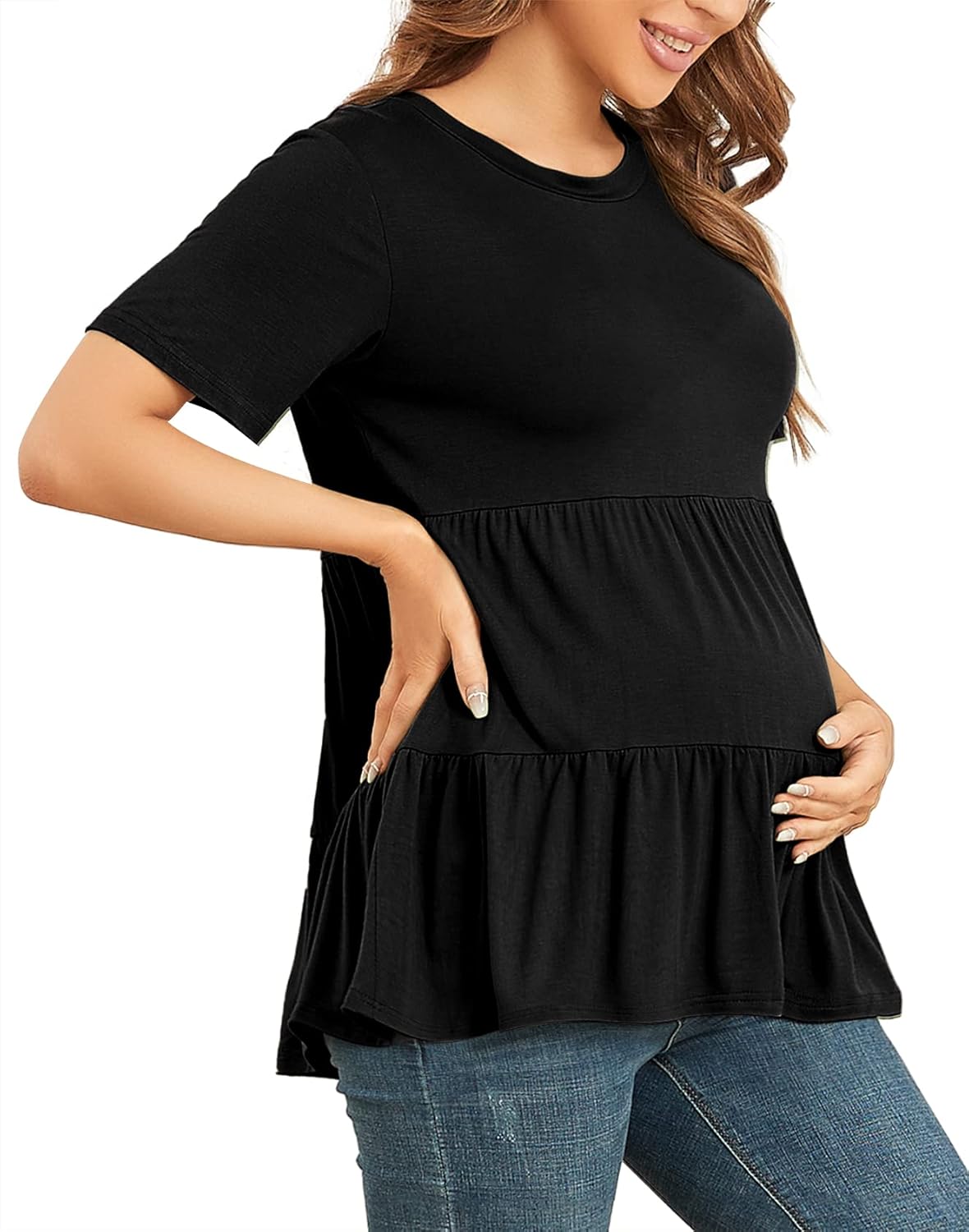 Xpenyo Women's Maternity T Shirts Short Sleeve Tiered Basic Casual Pregnancy Top - Image 2