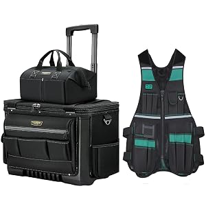 Rolling Tool Bag with Two Wheels Tool Vest for Men with Pockets