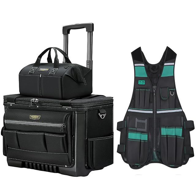 Rolling Tool Bag with Two Wheels Tool Vest for Men with Pockets