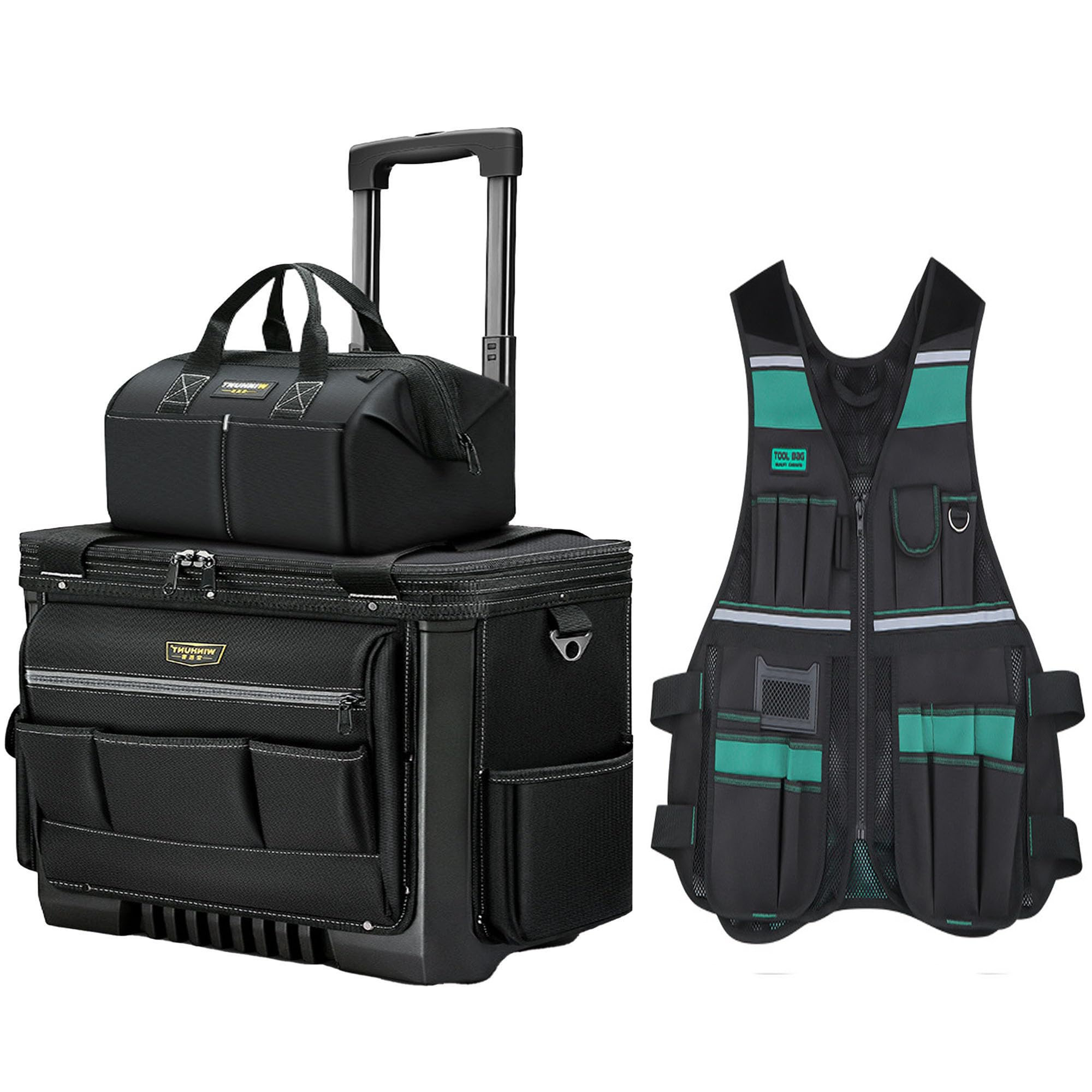 Rolling Tool Bag with Two Wheels Tool Vest for Men with Pockets
