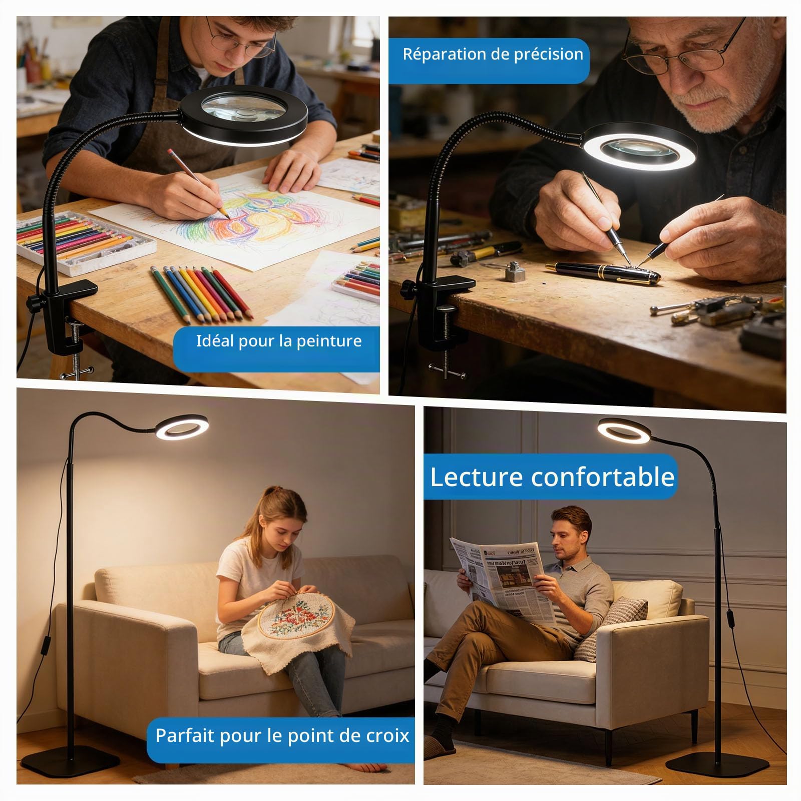 Loupe sur Pied 10x/20x avec Lumière et Support, 3-in-1 Grande Loupe Lecture pour Seniors, 5 Modes Couleur Gradable, & Pince & Socle, Lampe LED pour Lire, Coudre, Bricoler et Travaux Précision