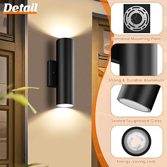 2-Pack Outdoor Wall Lights, Waterproof LED Integrated Cylinder Up Down Exterior Wall Sconce, 12W 1200LM Super Bright Outside Wall Lantern, Modern Black Wall Mount Light Fixtures for Porch Patio Garage