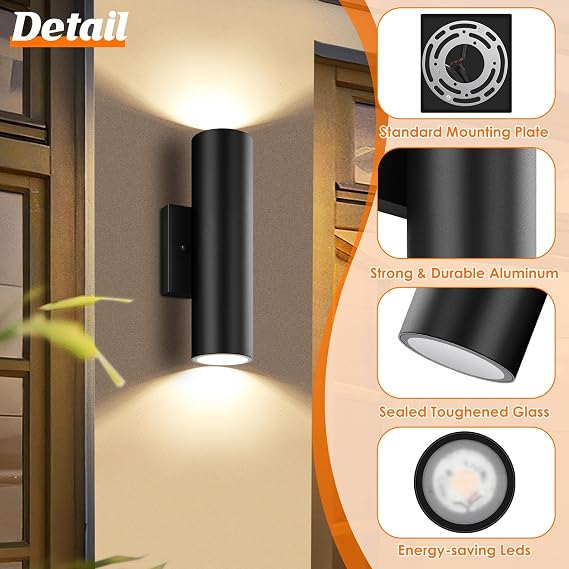 2-Pack Outdoor Wall Lights, Waterproof LED Integrated Cylinder Up Down Exterior Wall Sconce, 12W 1200LM Super Bright Outside Wall Lantern, Modern Black Wall Mount Light Fixtures for Porch Patio Garage