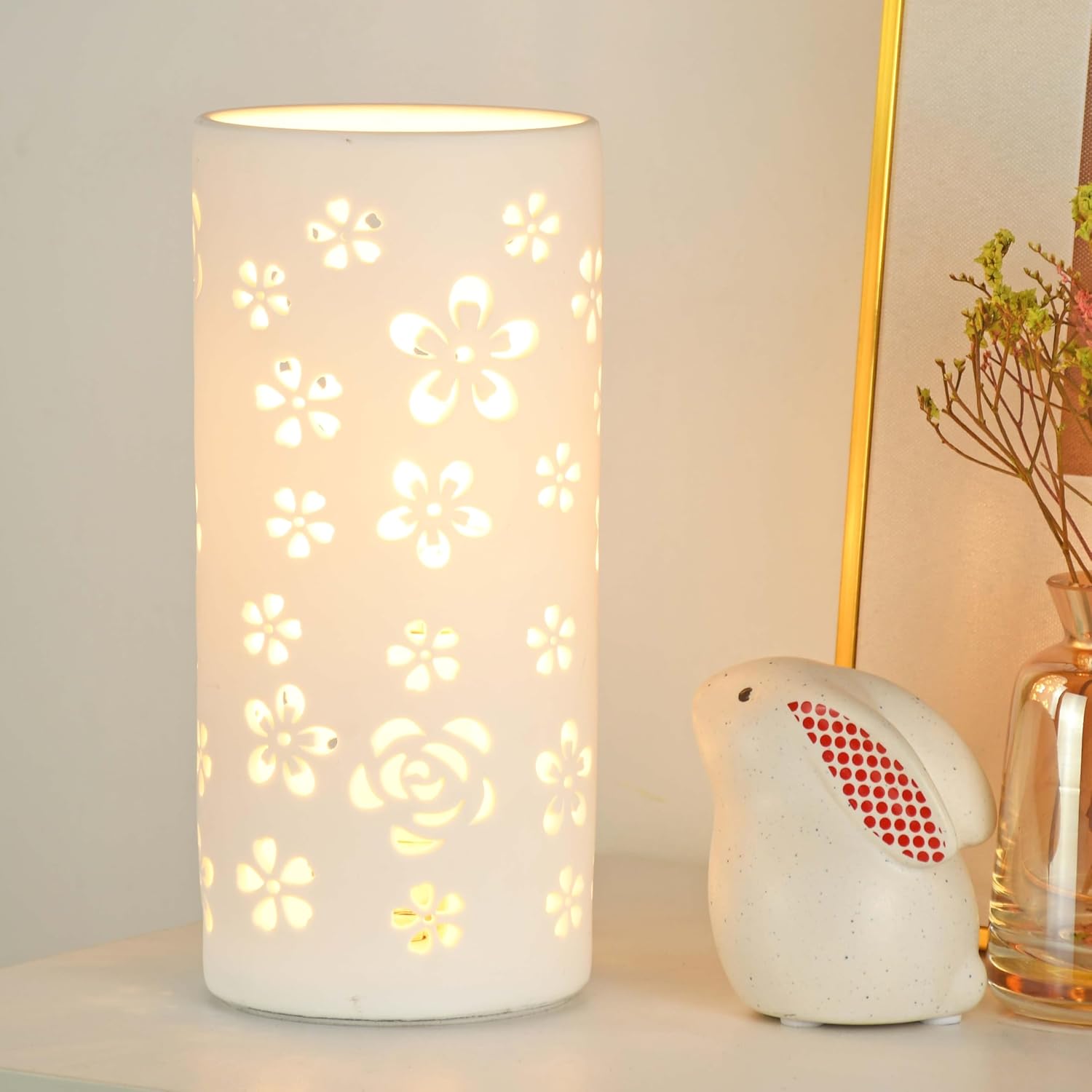 Lampwell Dana White Modern Ceramic Flower Carving Table Lamp for Living Room & Bedroom,Kids Night Ceramic Table Lamp,Φ3.54×H7.87IN,Bulb Excluded