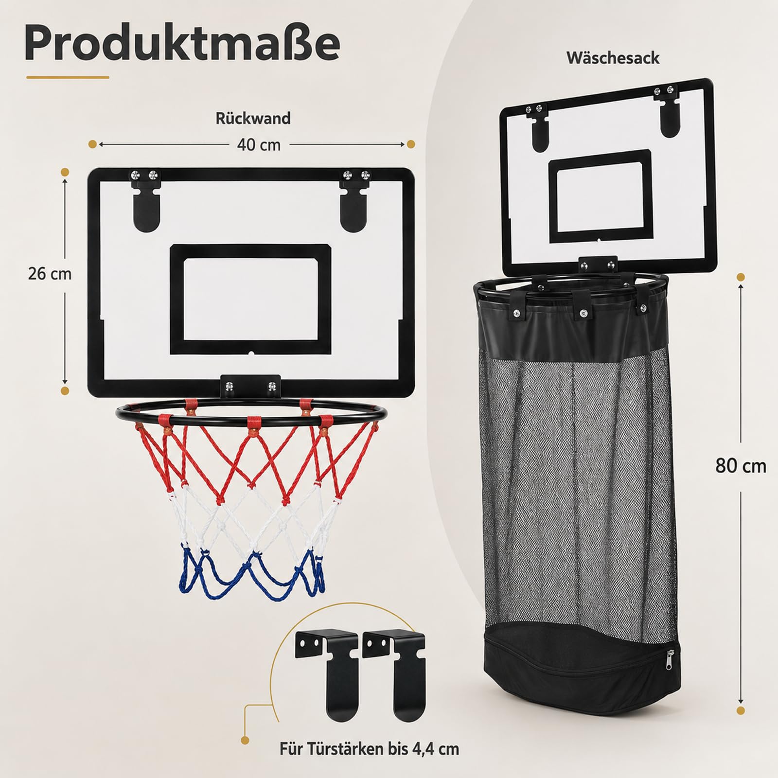 Basketball WäSchekorb, 2 in 1 Basketball Hoop Laundry Basket for Hanging on The Door with Wooden Back Panel Korb Netz, HäNgender WäSchekorb für Badezimmer und Schlafzimmer (A)