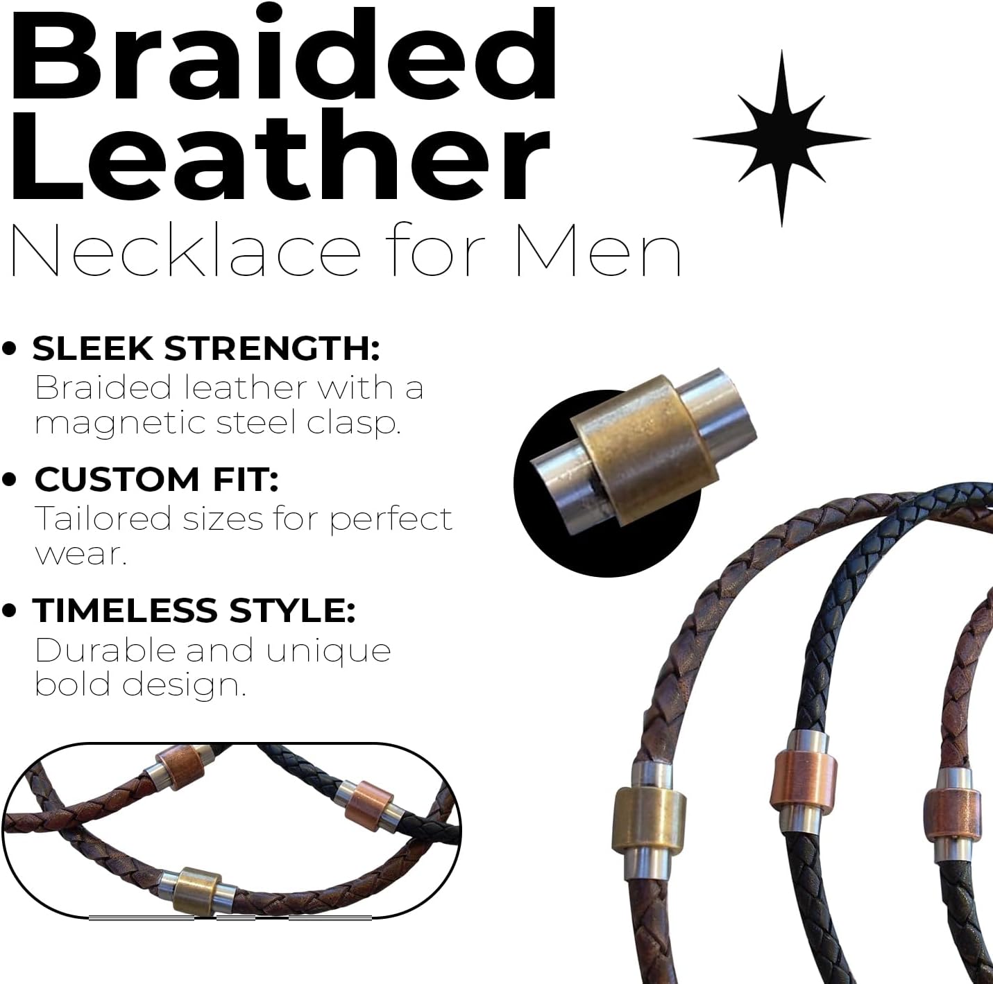 Braided Leather Necklace with Two Toned Barrel Shaped Stainless Steel Magnetic Clasp - Genuine Leather Necklace for Men - Available sizes: 16,18,20,22,24 inch or Custom