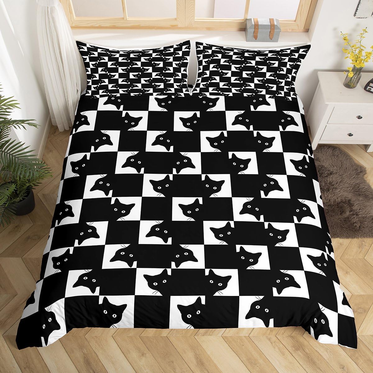 Feelyou Black Cats Duvet Cover King Size Checkered Bedding Set for Boys Girls Cat Lovers Comforter Cover Animal Bedroom Decor 3Pcs