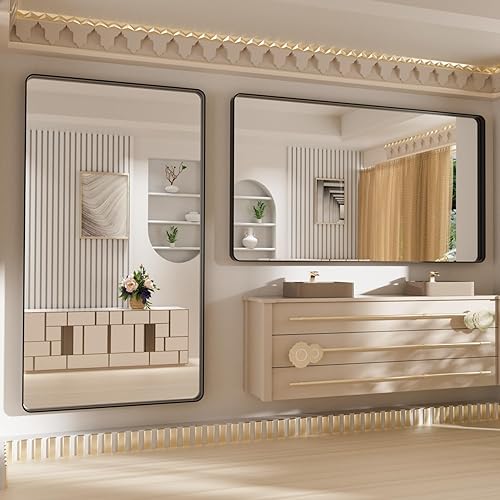 Miniatura 384 de LOAAO - Espejo de tocador para baño con marco de metal negro mate de 24 x 32 pulgadas para pared, rústico, rectangular, grande, redondeado