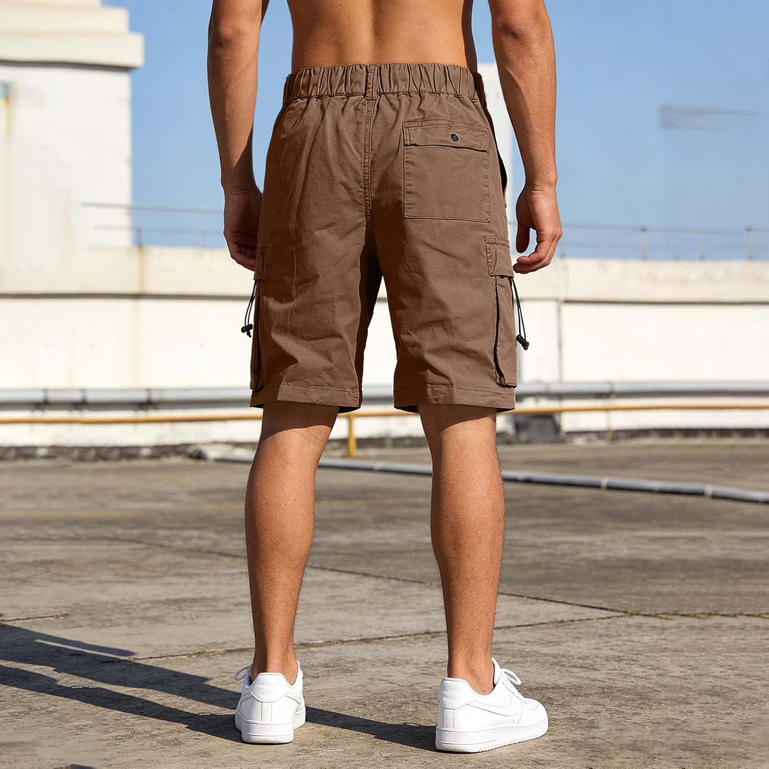 Men's Cargo Shorts Drawstring Classic Stretch Shorts High Waist Loose Fit Casual Hiking Short with Pockets