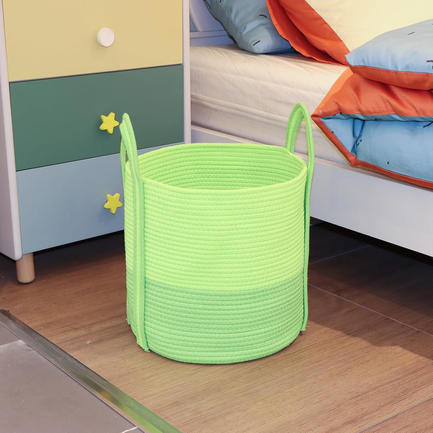 Cotton Rope Laundry Basket with Handles, 40L Woven Collapsible Storage Hamper for Kids, Nursery, Bedroom & Laundry Room - Multi-Color Dopeamine Design, Basket for Clothes, Toys& Blankets (Green)