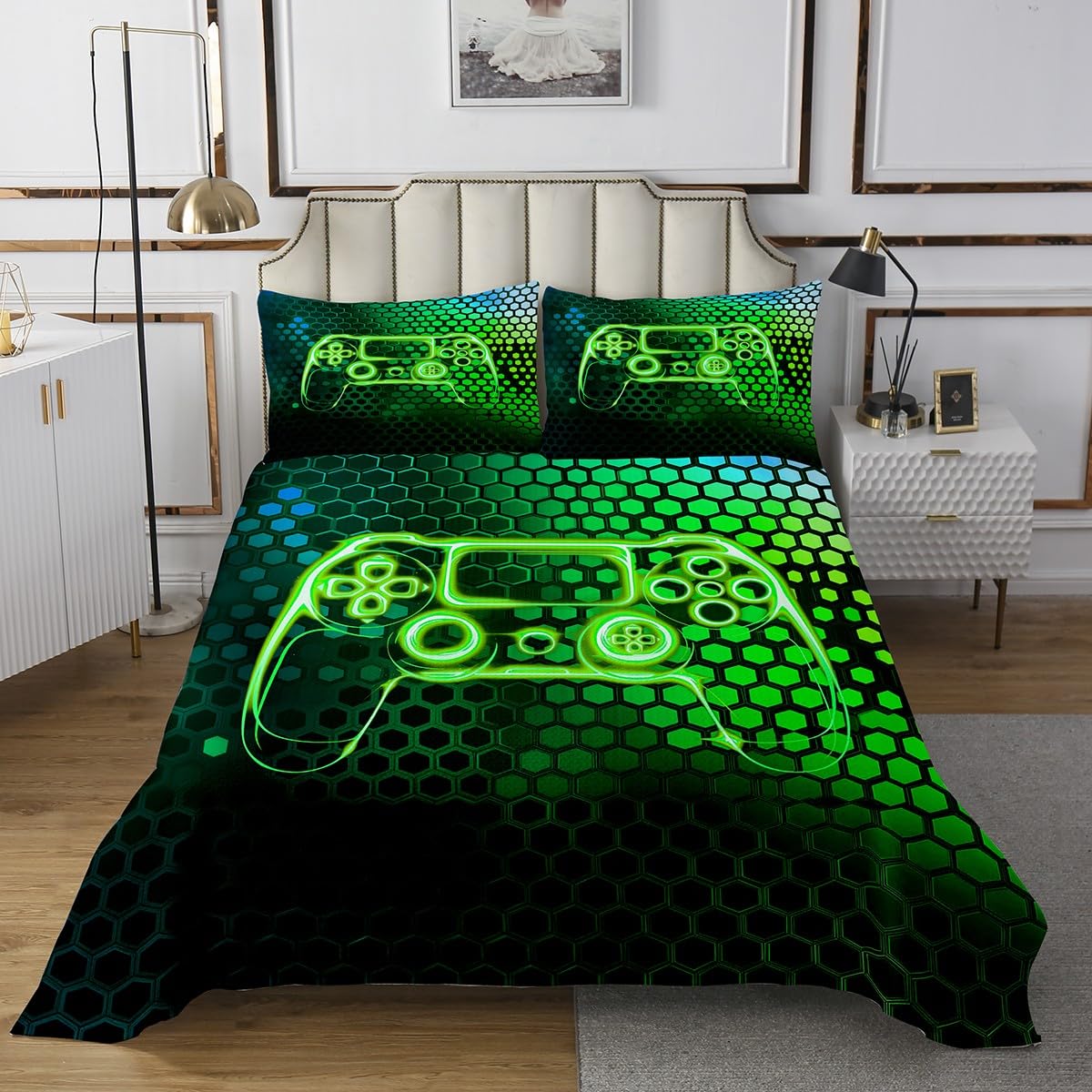 jejeloiu Kids Green Gamer Bedspread King Size, Honeycomb Gaming Quilted Coverlet Geometric Game Coverlet Set Boys Girls Teens Bedroom Decor with 2 Pillow Case