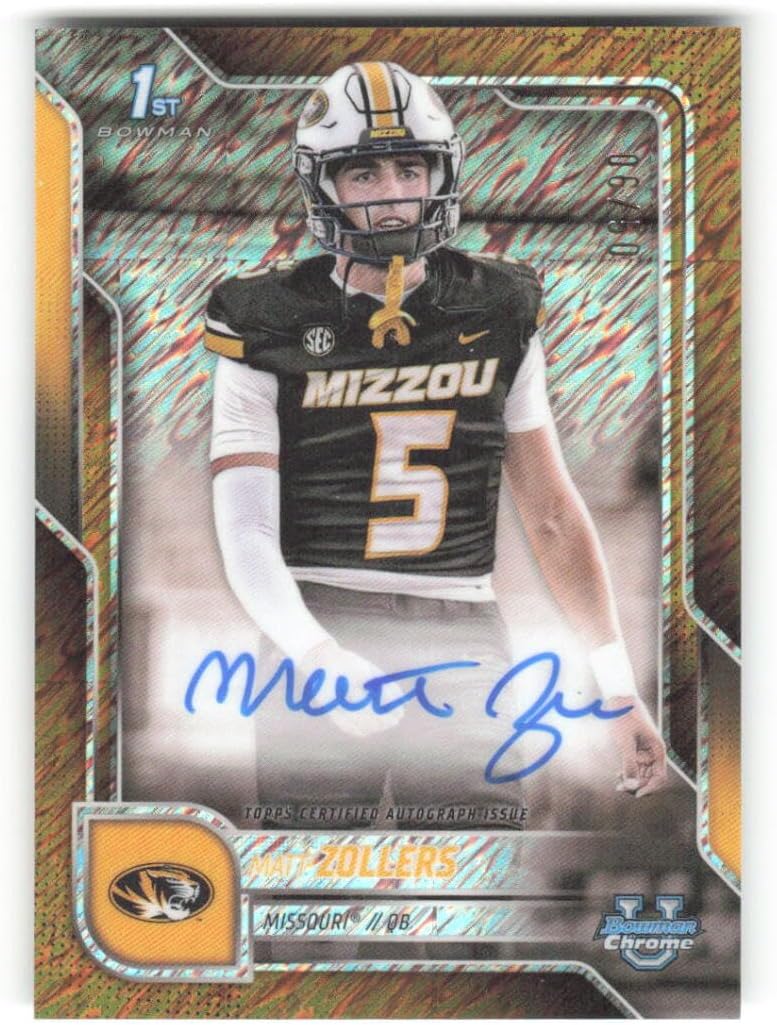 2025 Bowman Chrome University Autograph Gold Shimmer Refractor #BCA-MZ Matt Zollers RC AUTO 6/50 Missouri Football Trading Card