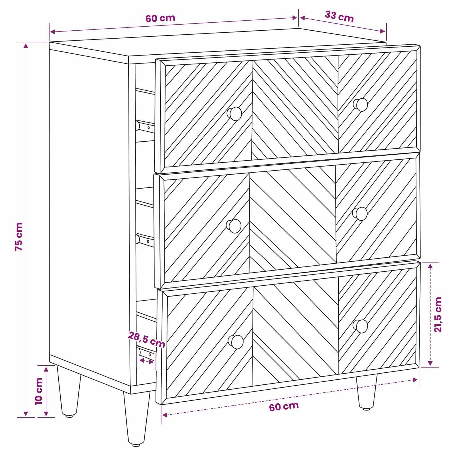 Armoire de rangement en bois de manguier marron 60 x 33,5 x 75 cm avec tiroir et poignées en laiton, armoire polyvalente moderne pour la maison, le bureau, la cave et le couloir pour un
