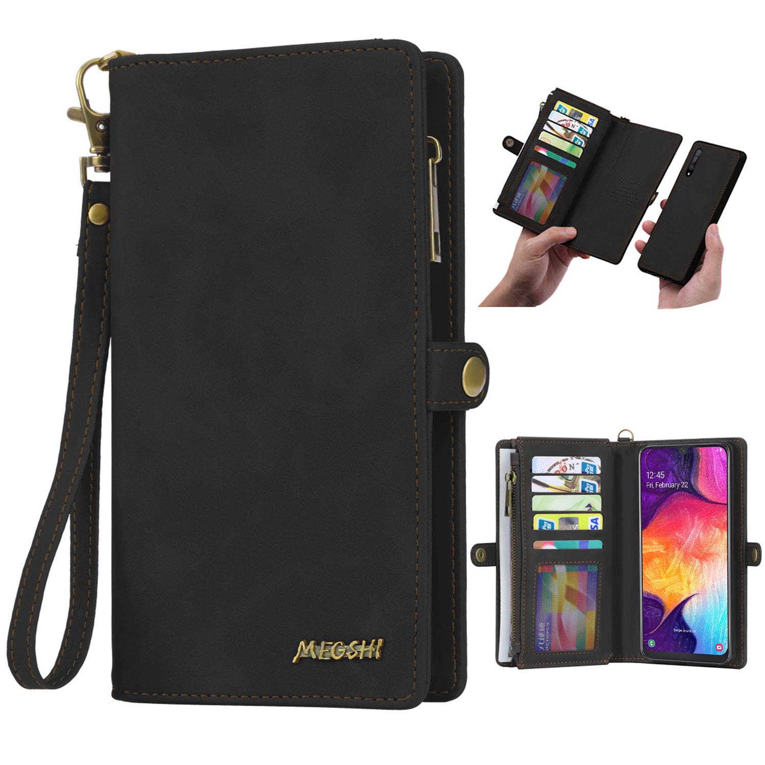 LG V60 ThinQ Wallet case, LG V60 ThinQ FILP Leather case Card Slots Holder Zipper Purse Detachable Magnetic Cover Hand Strap Cash Pocket Pouch Wallet for LG V60 ThinQ (Black, LG V60)