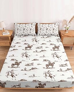 Queen Fitted Sheet with Deep Pocket Retro Western Cowboy Bed Sheet Set Fits Mattress Up to 16",Soft Microfiber Bottom Sheets with 3 Pillow Shams Vintage Brown Farm Animal for Bedroom Decor