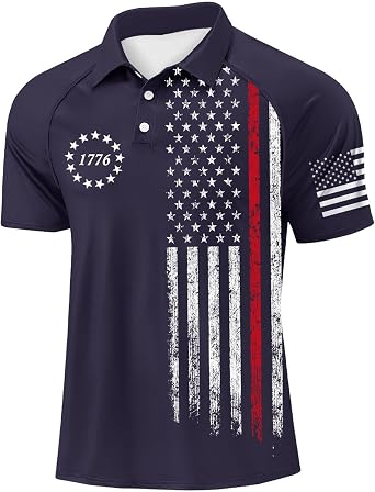 WENKOMG1 Mens 250th Independence Day America Flag Print Polo Shirts Moisture Wicking Athletic Golf Collar Shirt, S-3XL