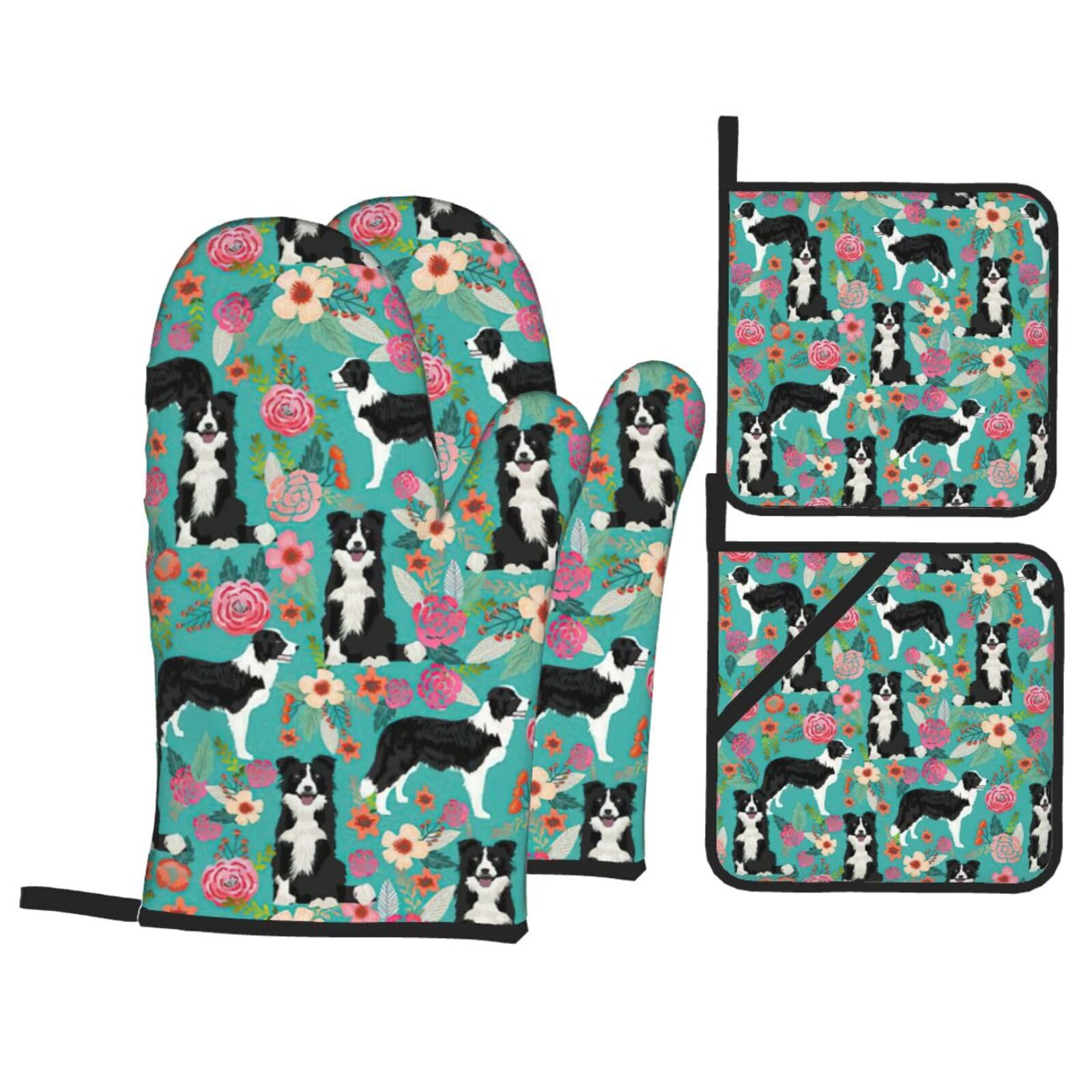 Border Collie Florals Print Kitchen Oven Mitts And Pot Holders Set,Hanging Loop Design For Cooking Baking Bbq