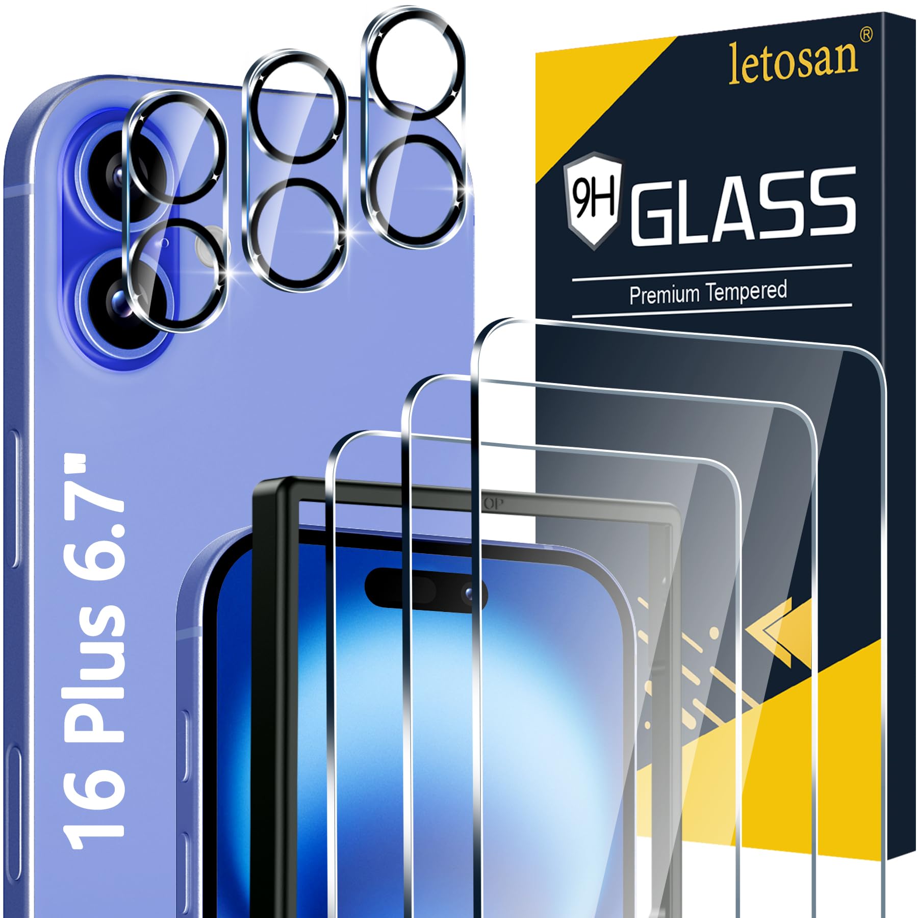 letosan [3+3 Pack] Screen Protector for iPhone 16 Plus 6.7-Inch, 9H Tempered Glass, HD Clear Case Friendly for iPhone 16 Plus Glass Screen Protector