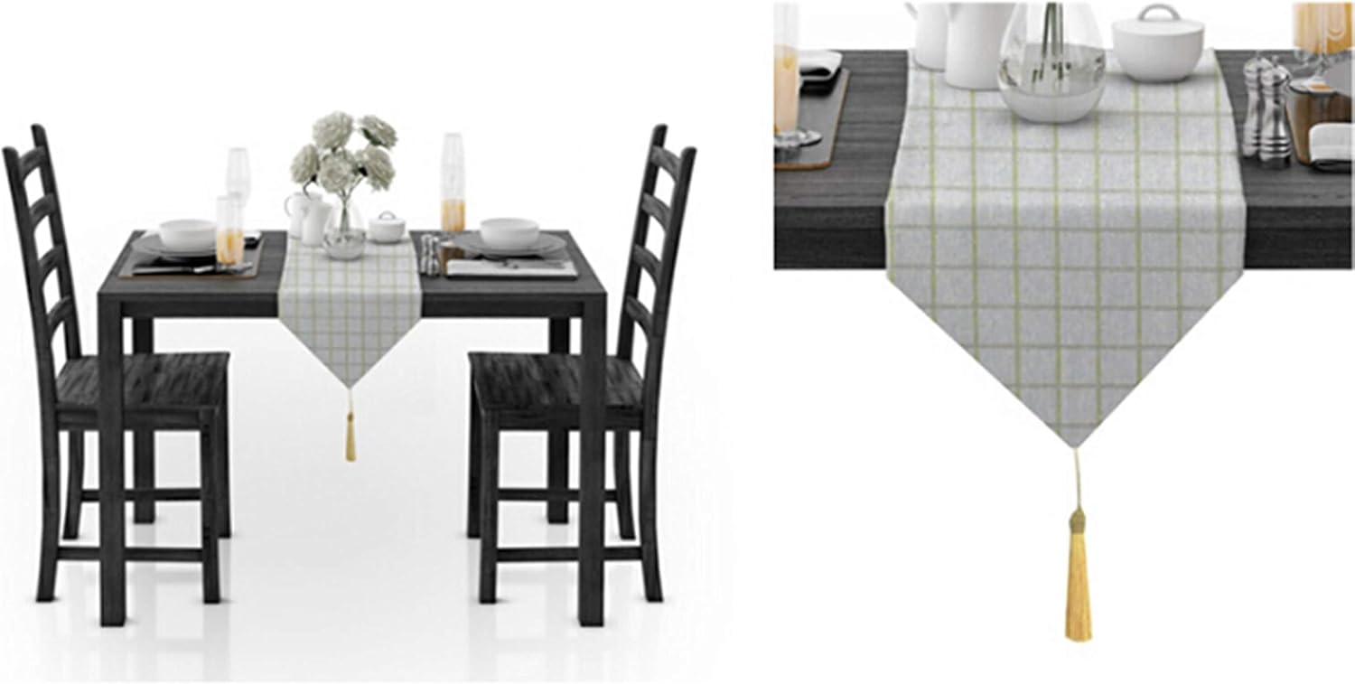 Table Runner Decoration,30x320CM,Lattice Pattern with Tassel Home Decor Table Runner Cotton,Table Runner Gray Green Yellow