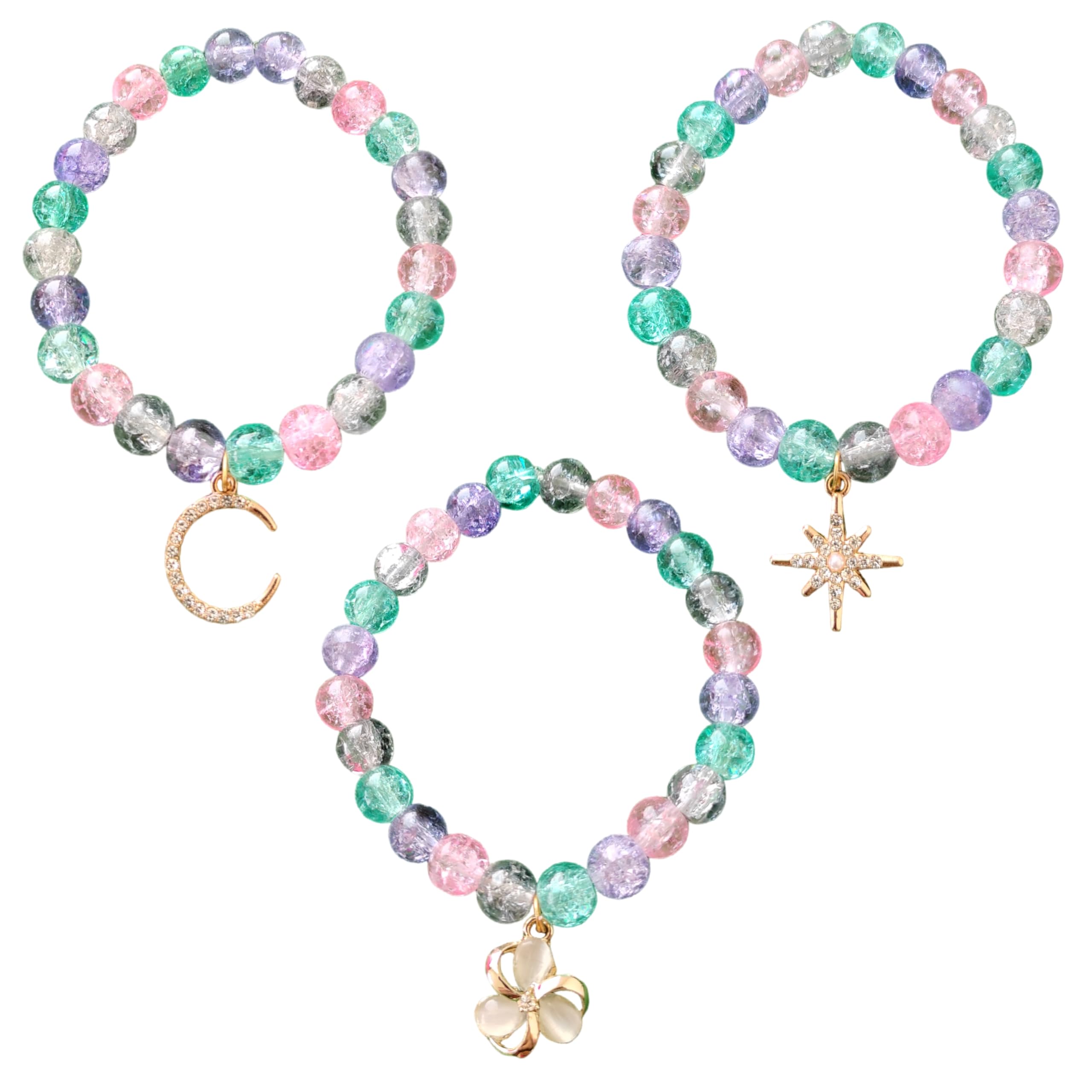 Pack Of 3 (Moon,star,flower) Stylish Trendy American Diamond Stone Charm Multi-colored Beads Bracelet Combo For Women And Girls (B0D33BNST2) Amazon Price History, Amazon Price Tracker