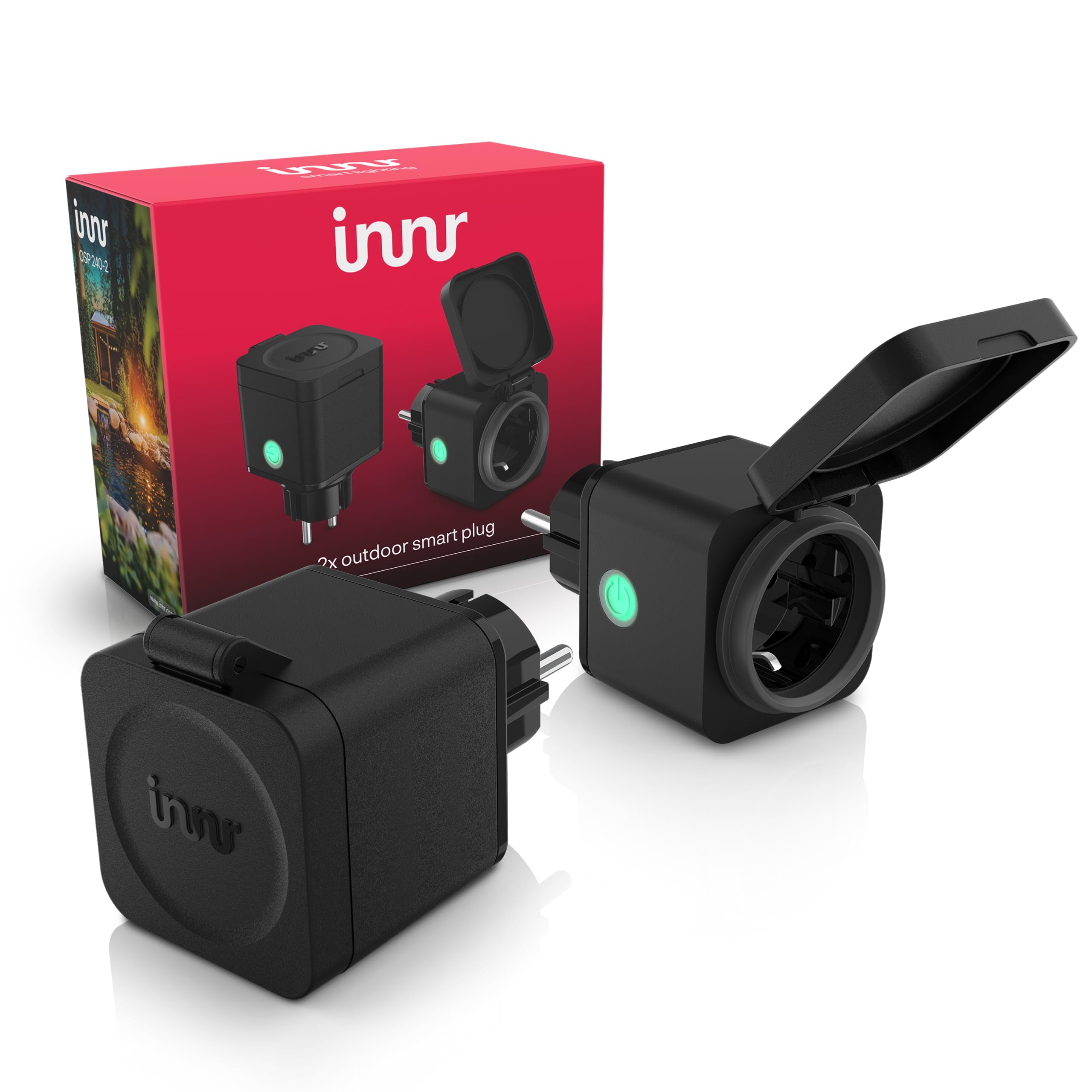 Innr Presa Intelligente da Esterno, per Hue* e hub Zigbee, Confezione da 2 | 16A Outdoor Smart Plug, Ripetitore Zigbee, Timer, Monitoraggio Energetico, IP54 Impermeabile