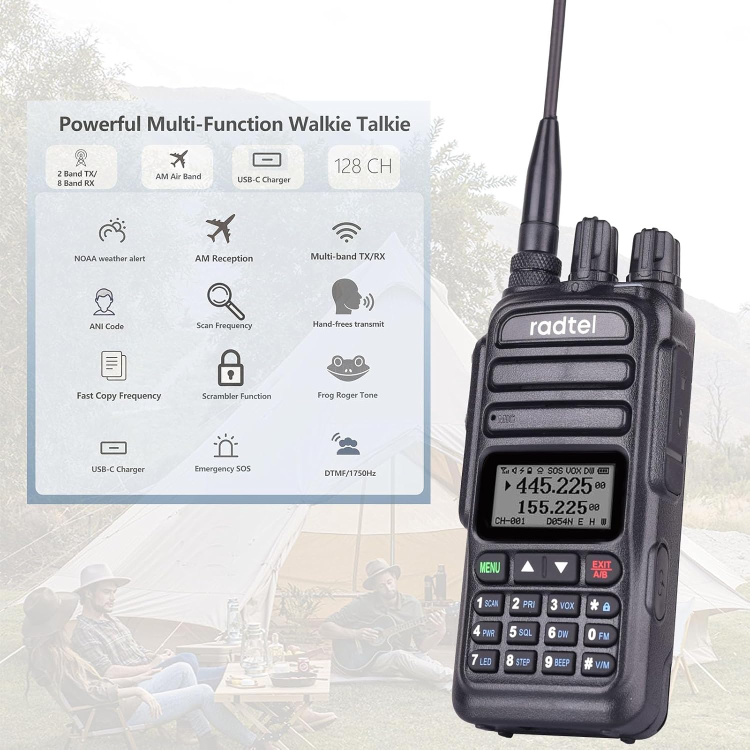 Radtel RT-830 multi-function walkie talkie with feature icons